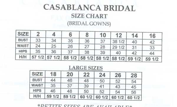 Bridal Size Chart